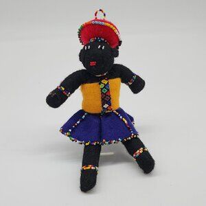 Hand Crafted African Felt Doll With Baby on Back Beaded 7.5"